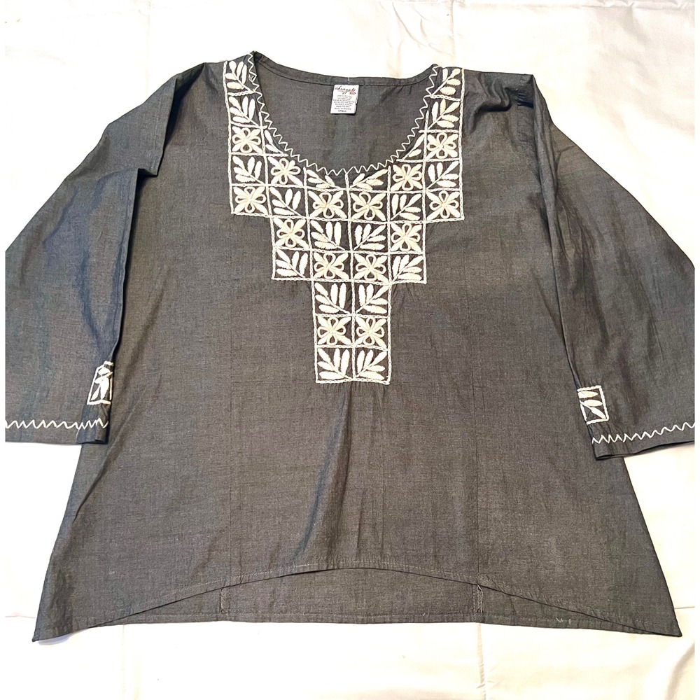 Abrazo Style Women's Small Embroidered 100% Cotton Boho Folk Art Black Tunic Top